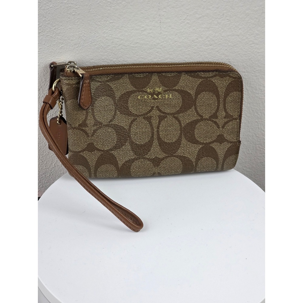 Coach Double Zip Wallet Signature Canvas Khaki Saddle Brown F66506 Wristlet